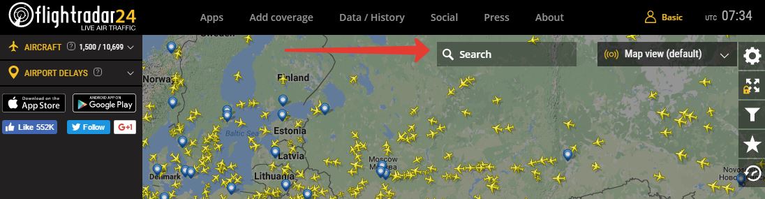 Поиск рейса на сайте flightradar.