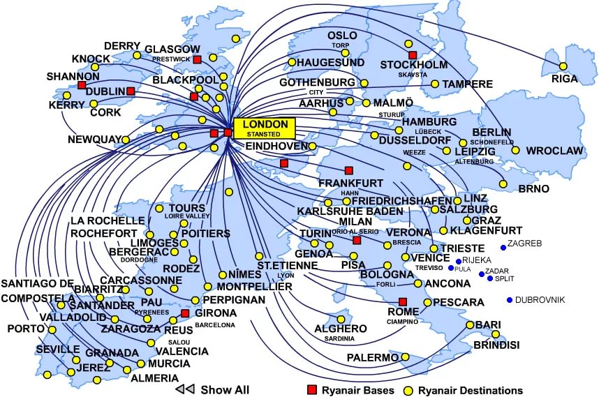  География полётов Ryanair