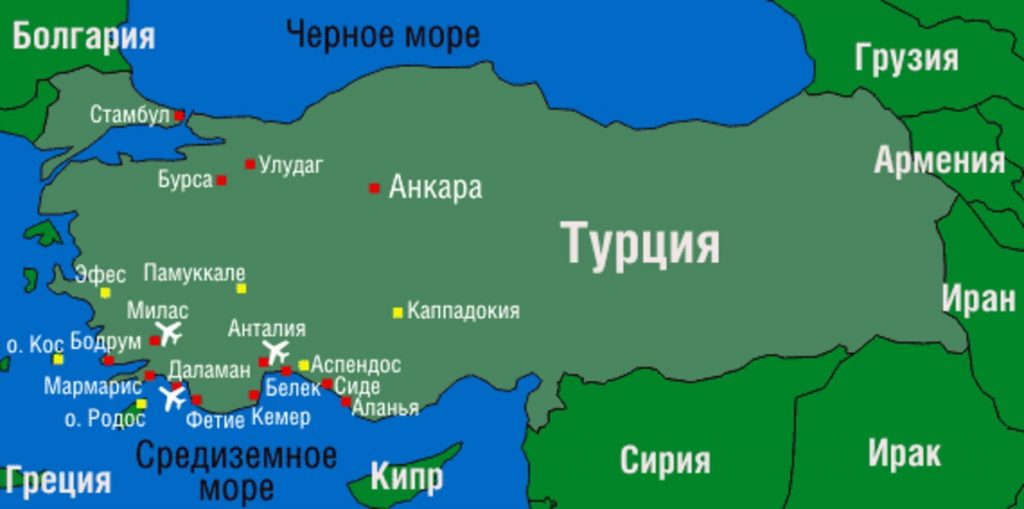 Карта турции на русском языке с курортами и морями подробная с городами