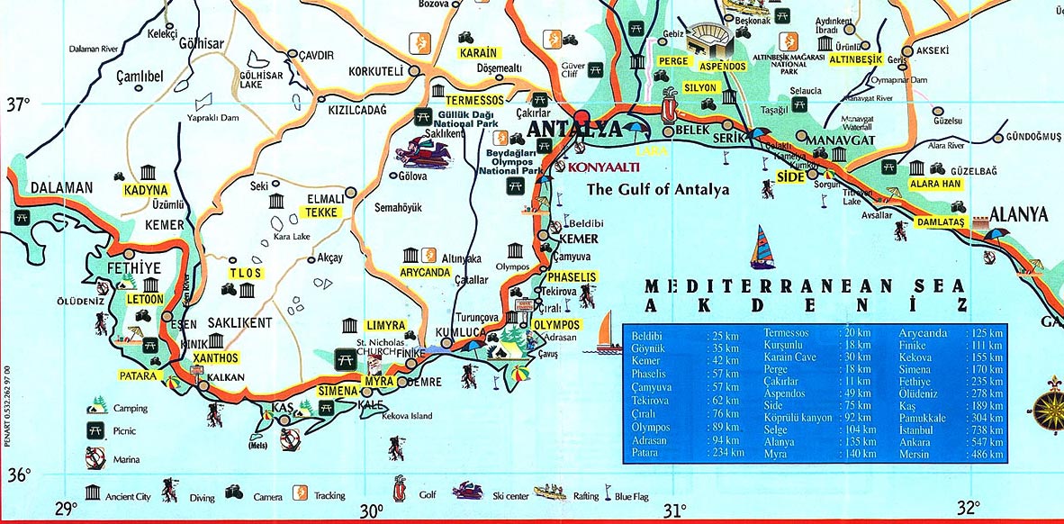 Карта анталийского побережья турции